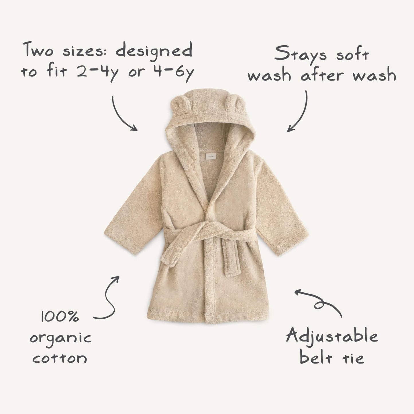 Beige Mushie Bear Robe with text highlighting features