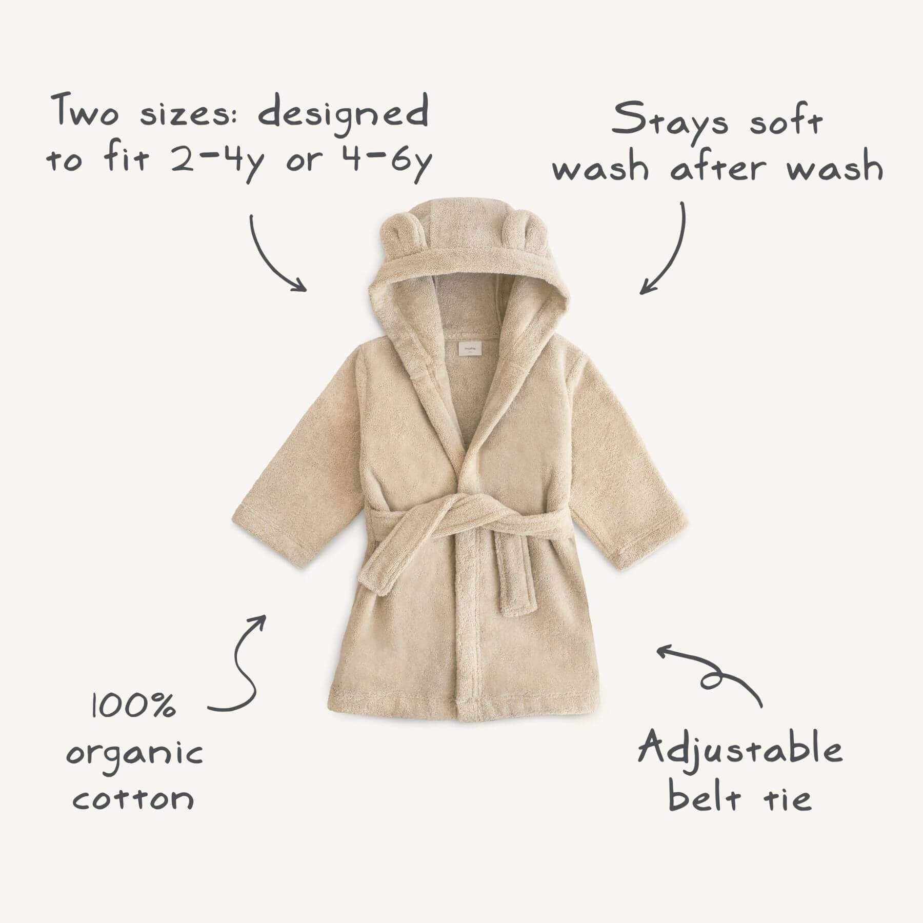 Beige Mushie Bear Robe with text highlighting features