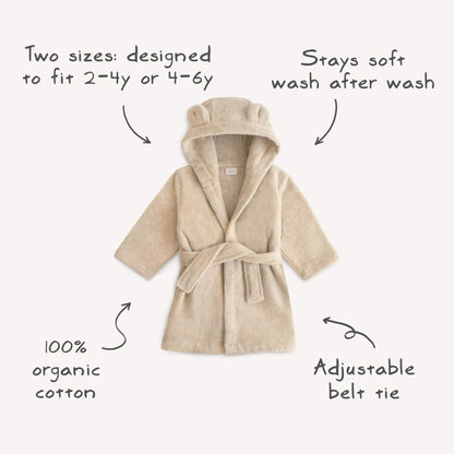 Beige Mushie Bear Robe with text highlighting features