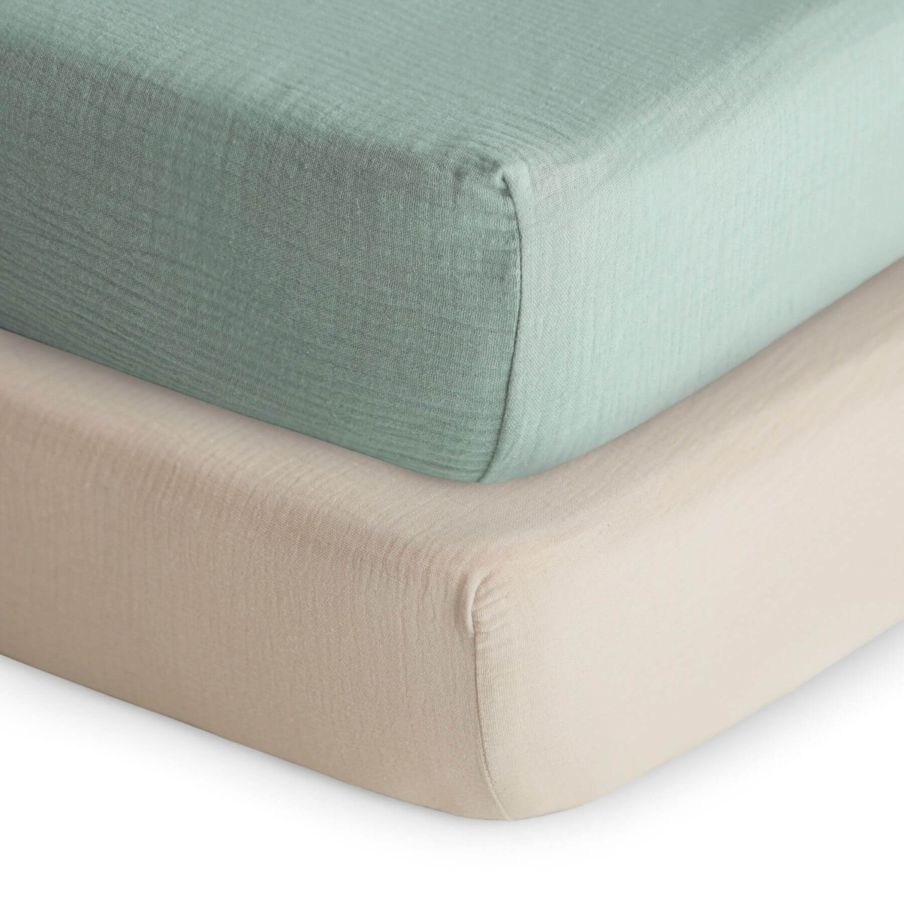 Two fitted sheets in green and fog