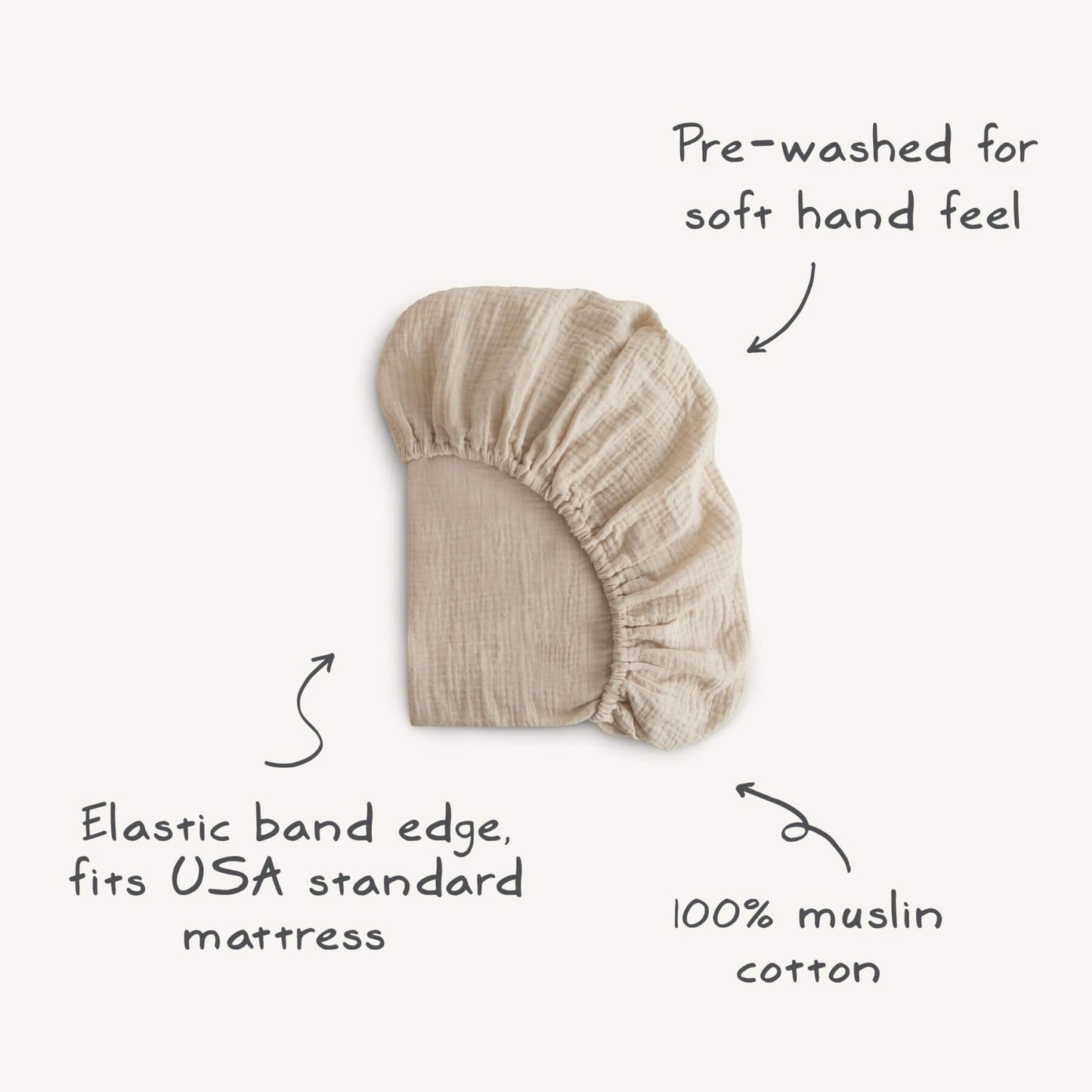 Mushie Extra Soft Muslin Crib Sheet with text describing features on a white background