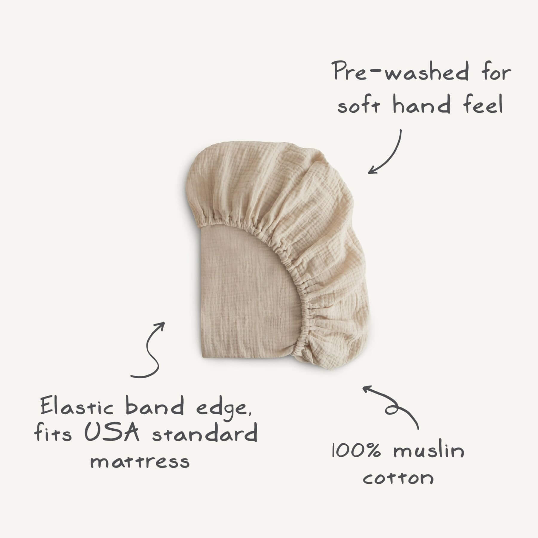 Mushie Extra Soft Muslin Crib Sheet with text describing features on a white background