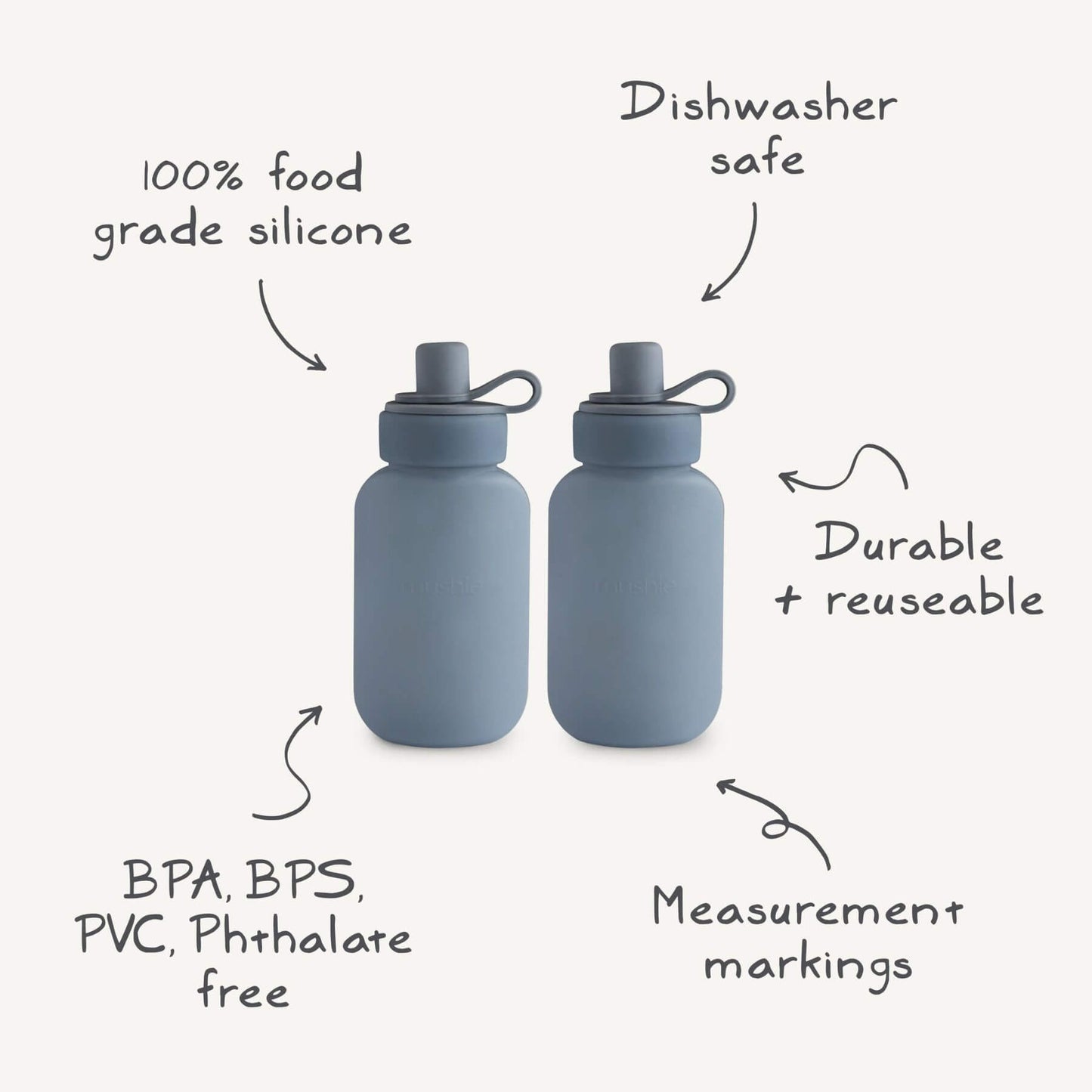 Mushie Silicone Puree Pouch with features listed on a white background