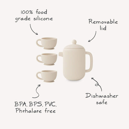 Mushie Silicone Tea Play Set with features highlighted on a white background
