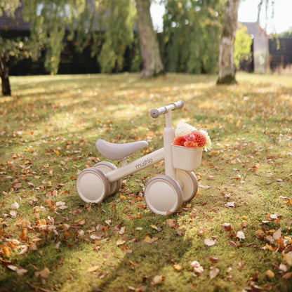 Mushie Mini Toddler Bike on a grassy area with fallen leaves.