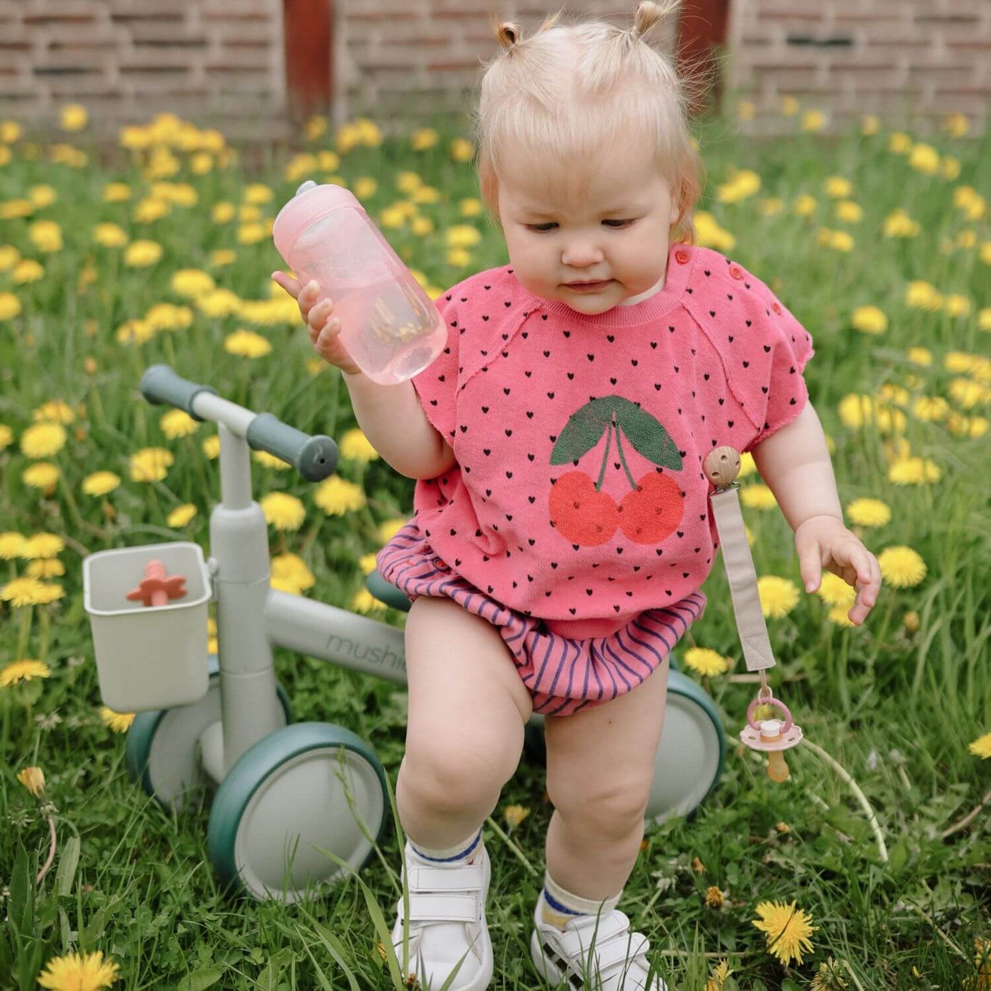A toddler stands on Mushie Mini Toddler Bike in a grassy yard filled with yellow flowers