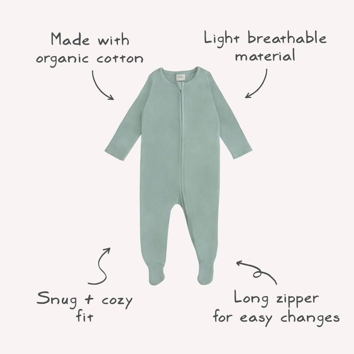 Mushie Zipper Pajama - Green, shown on a light beige background with hand-drawn text and arrows highlighting features like organic cotton material, breathable fabric, snug fit, and easy changes.