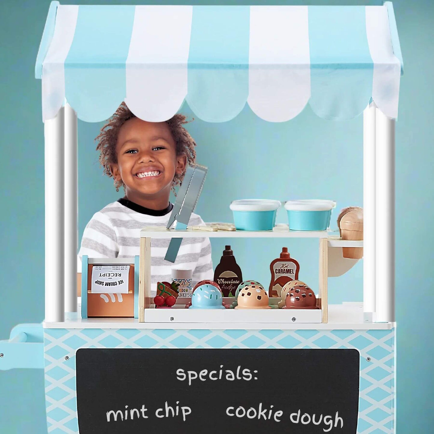 Boy Playing with Teamson Kids My Little Helper Ice Cream Cart & Accessories Blue/White