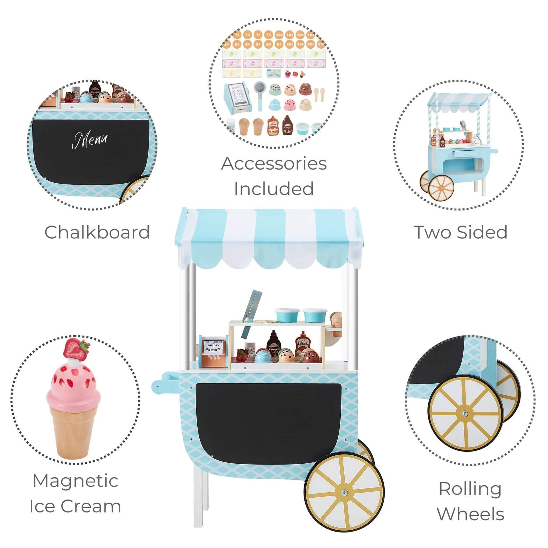 Features of Teamson Kids My Little Helper Ice Cream Cart & Accessories Blue/White