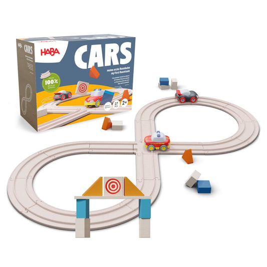 HABA USA Cars - My First Racetrack with packaging on a white background