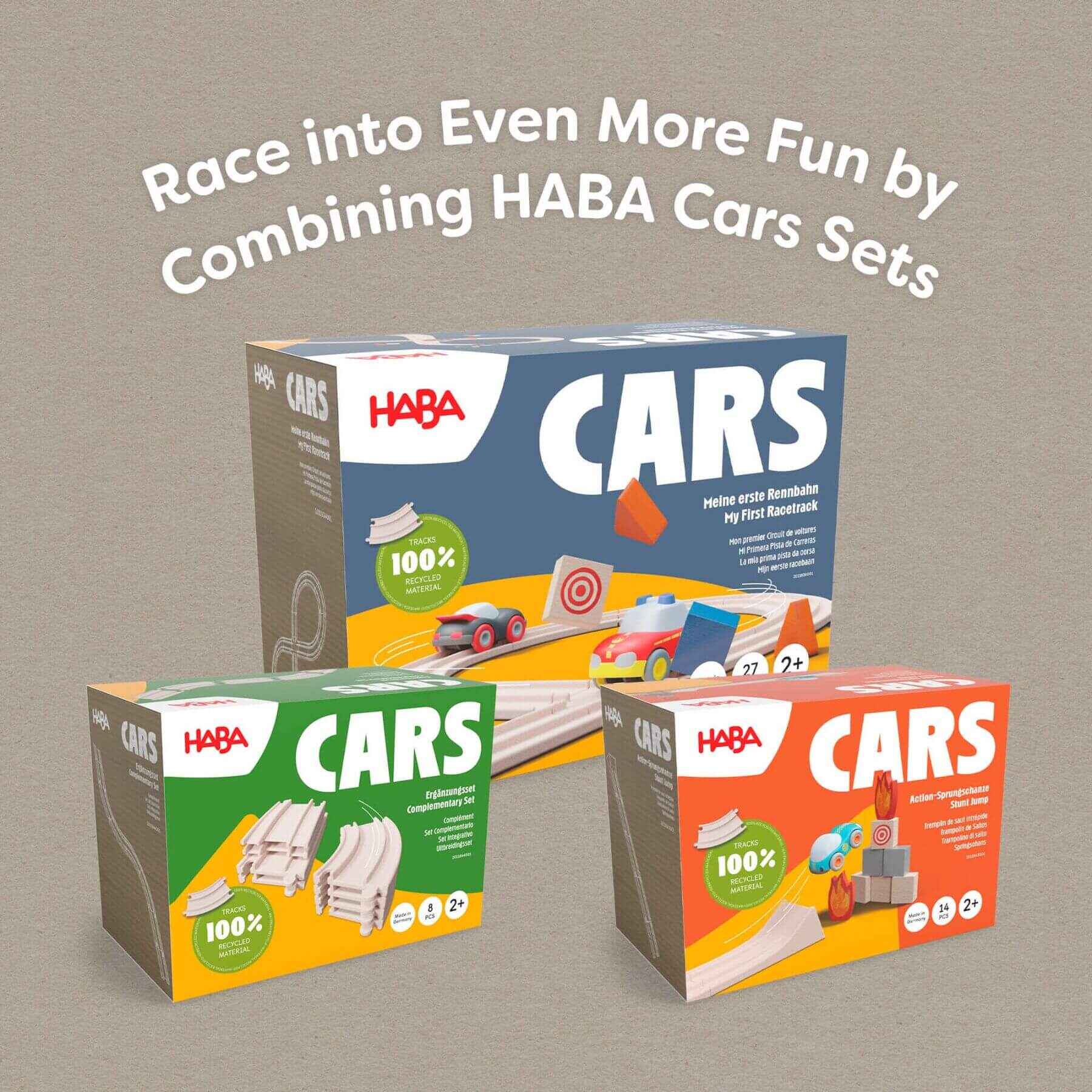 HABA Cars toy sets packaging on a gray background with promotional text.