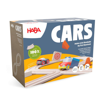 HABA 'CARS' toy packaging with wooden track set on a white background