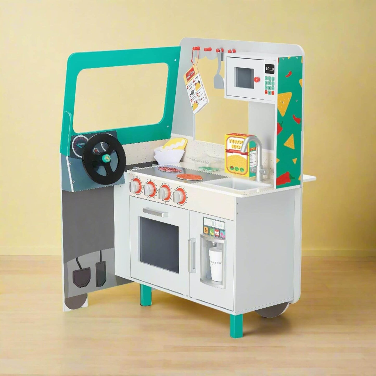 Teamson Kids My Little Helper Kids Play Taco Truck Playset with various accessories on a wooden floor.