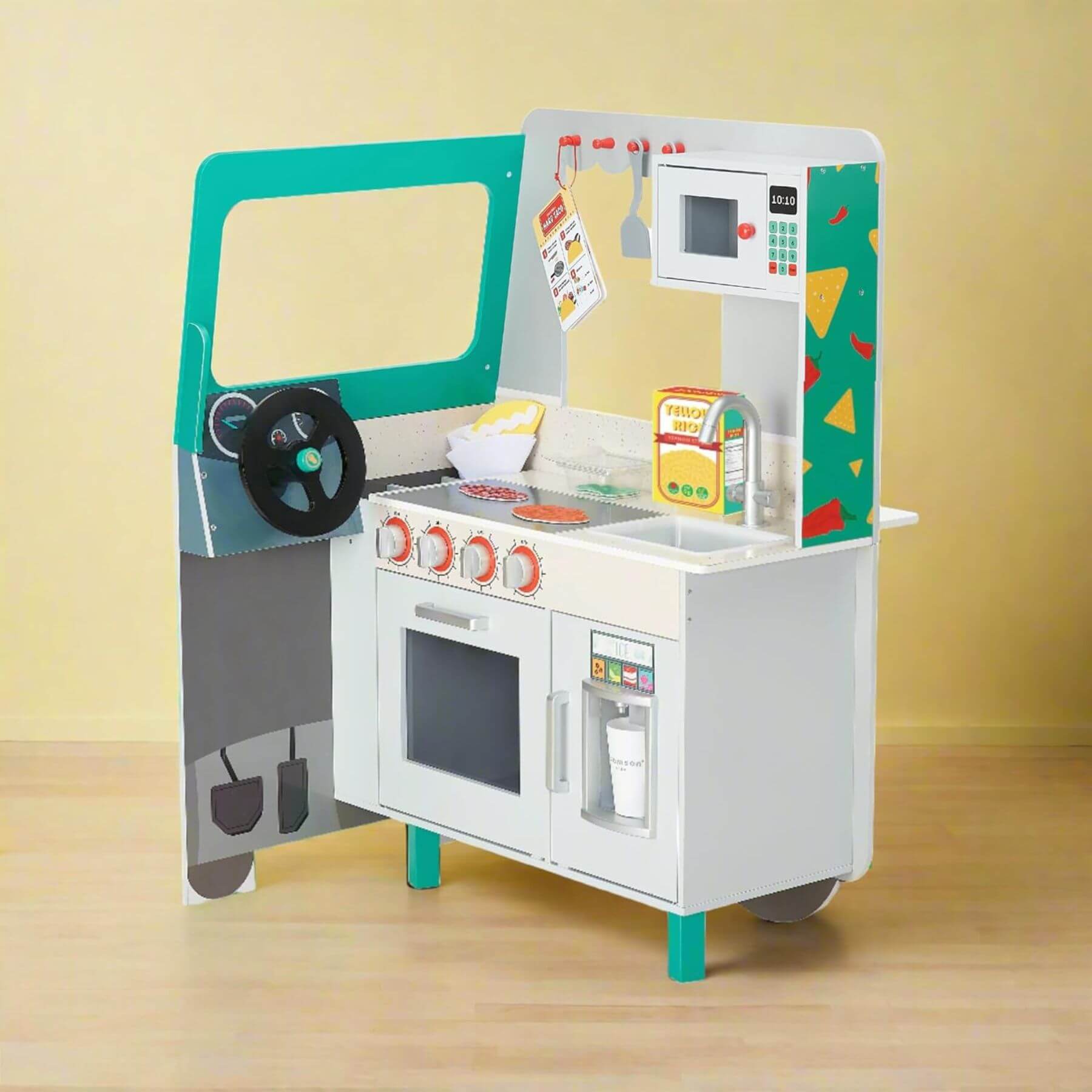 Teamson Kids My Little Helper Kids Play Taco Truck Playset with various accessories on a wooden floor.
