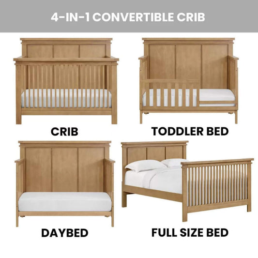 Mystic 4 in 1 Convertible Crib Honey Wood showing different stages of growth from crib to toddler bed, daybed, and full-size bed.