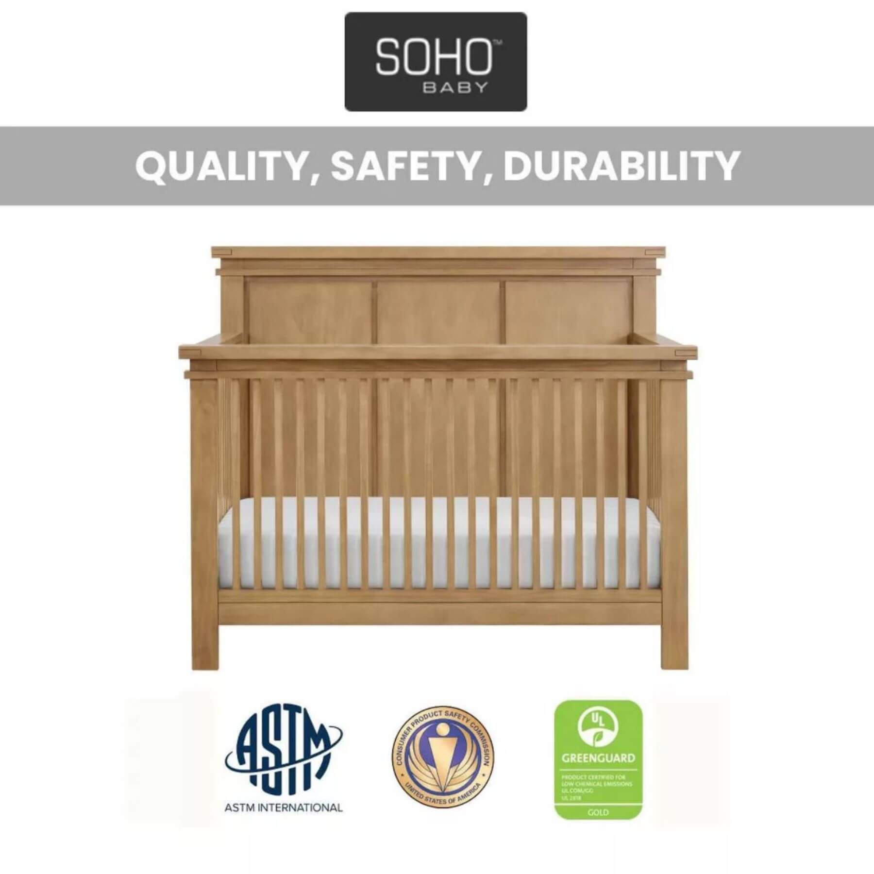 Mystic 4 in 1 Convertible Crib Honey Wood with 'Soho Baby' branding and certification logos on a white background