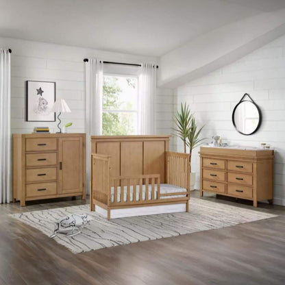 Nursery room with Mystic crib, dresser, and chest of drawers.