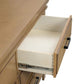 Mystic 6 Drawer Dresser Honey Wood with a drawer open, showing a metal drawer slide mechanism.