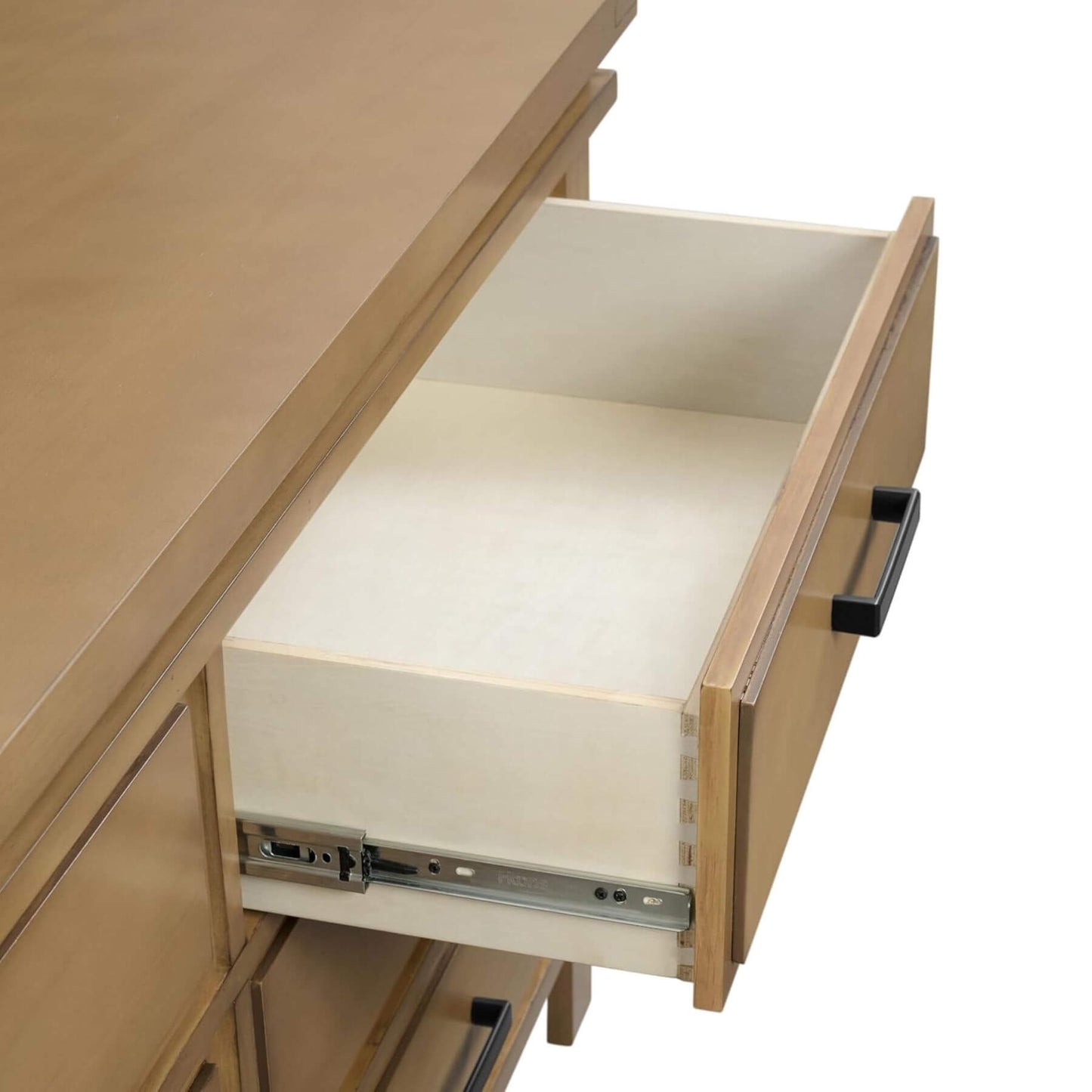 Mystic 6 Drawer Dresser Honey Wood with a drawer open, showing a metal drawer slide mechanism.