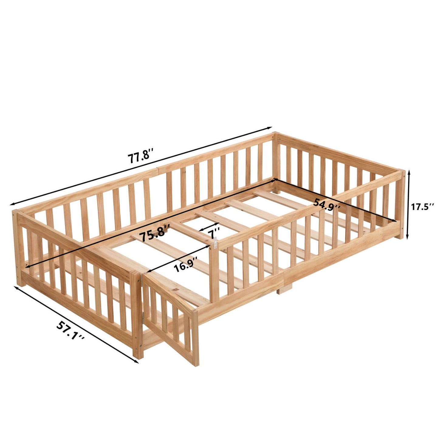 Civil HN Solid Wood Full Size Floor Bed - Natural with dimensions labeled on a white background