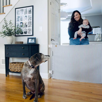 A large gray dog sits on a hardwood floor in a home entryway, looking toward a woman holding a baby behind a white striped safety gate. The woman is smiling, and the dog appears calm and attentive.