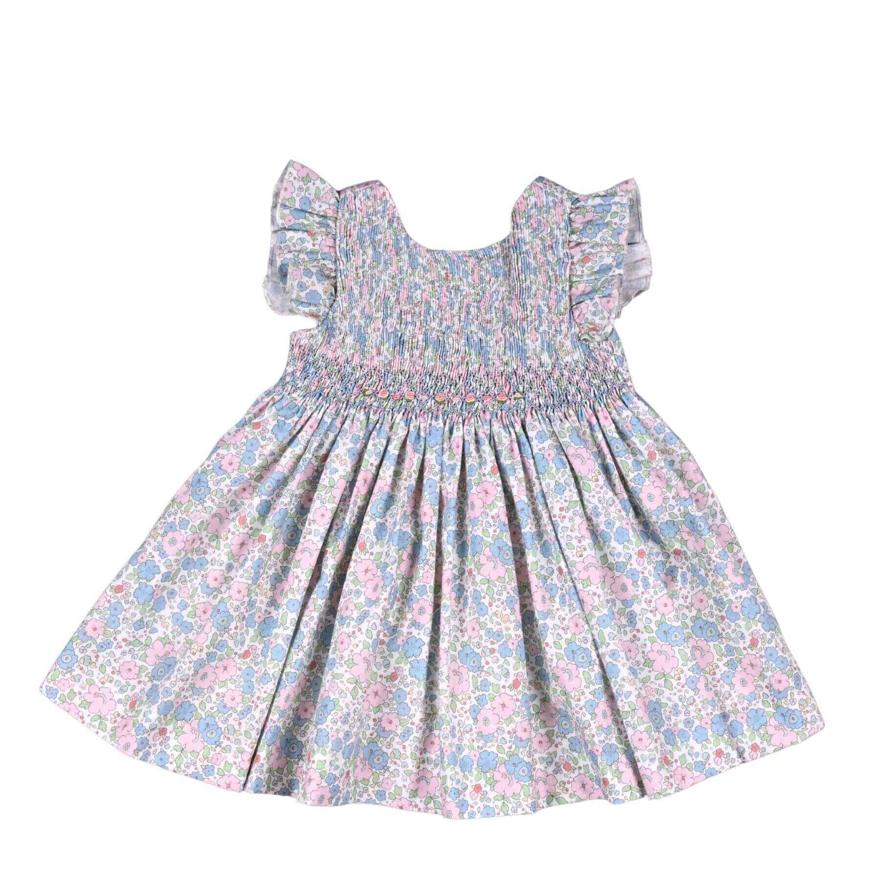 NELIA | Girls Blue Floral Cotton Smocked Dress