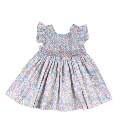 NELIA | Girls Blue Floral Cotton Smocked Dress