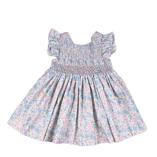 NELIA | Girls Blue Floral Cotton Smocked Dress