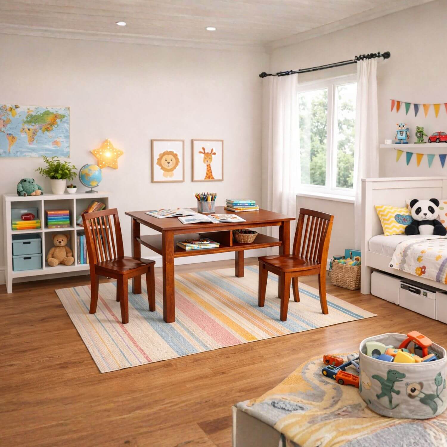 Children's playroom with AFG Newton Kids Table and 2 Contoured Chair Set - Mahogany, toys, and decor.