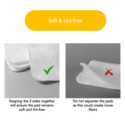 Comparison of soft and lint-free pads with text explaining the importance of keeping the pads together.