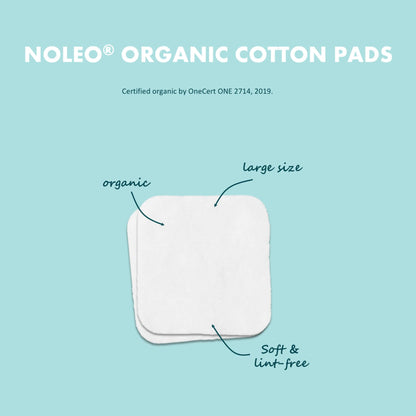 Noleo organic cotton pads on a light blue background with text highlighting features.