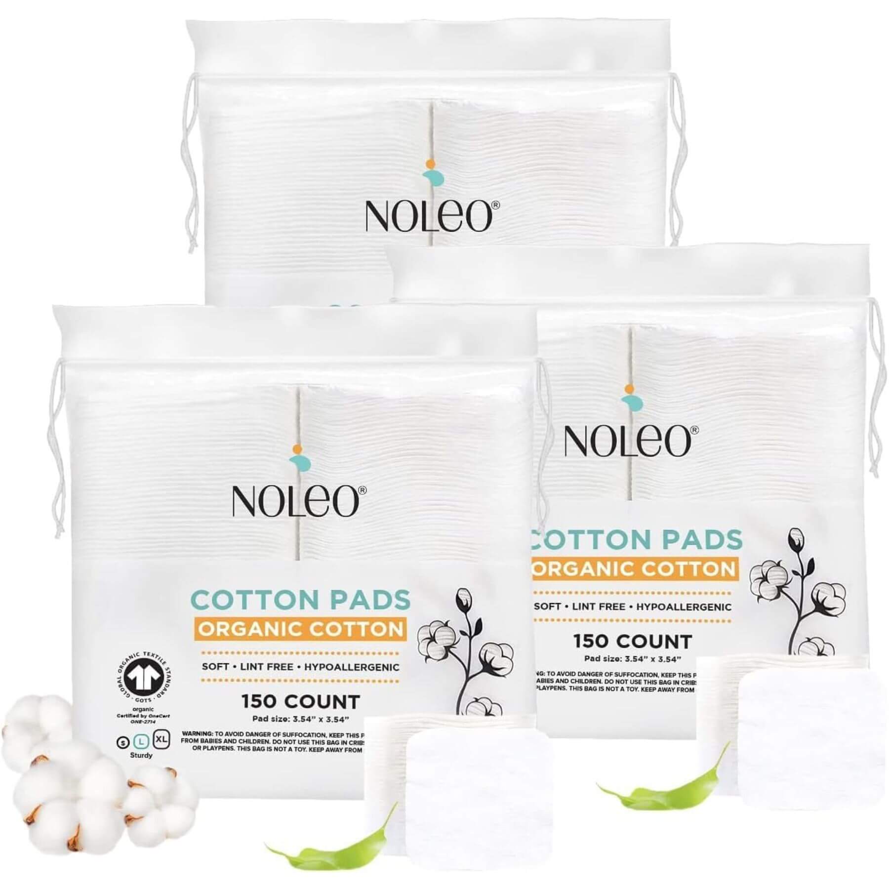 Three bags of Noleo cotton pads on a white background