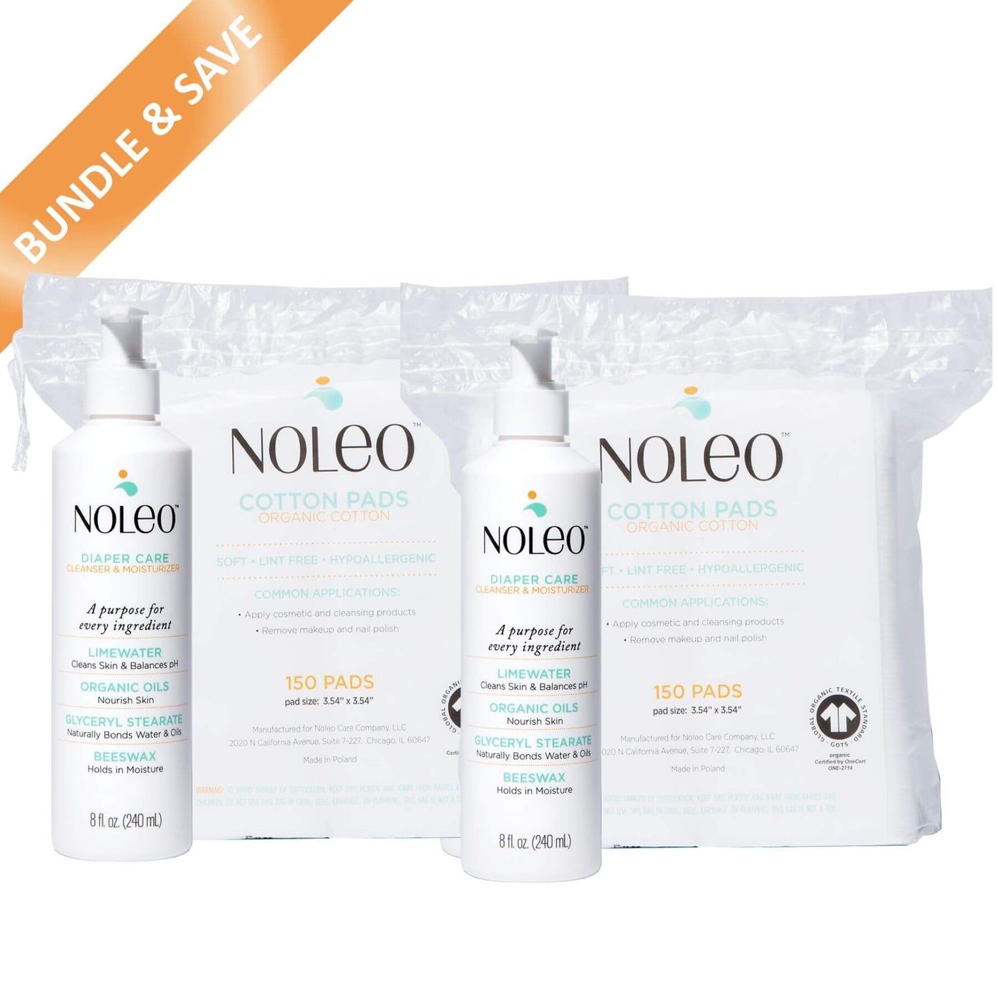 Noleo cotton pads packaging with a bundle and save label on a white background