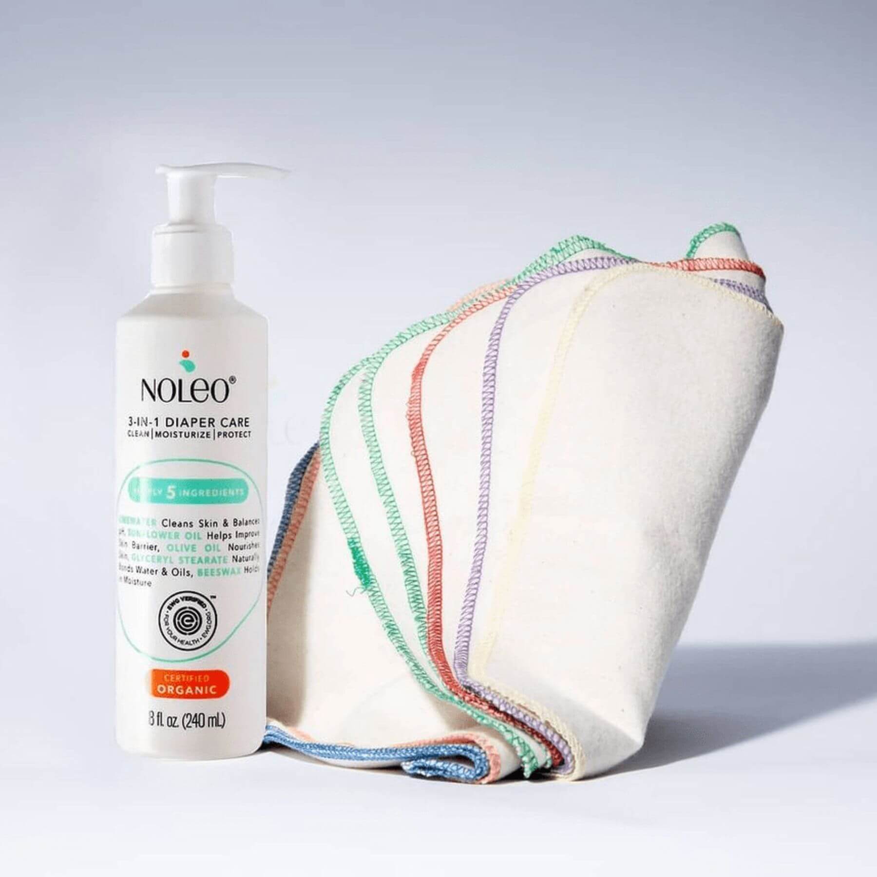 Noleo diaper care product with a colorful cloth on a light gray background
