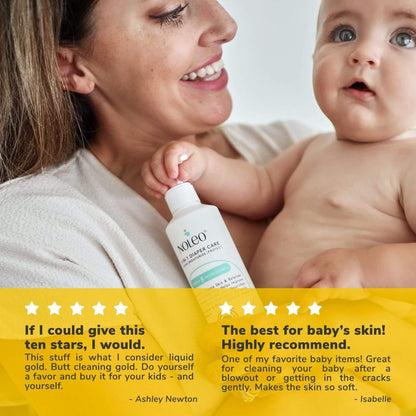 Woman holding a baby with a bottle of Nacra baby care product, surrounded by glowing reviews.