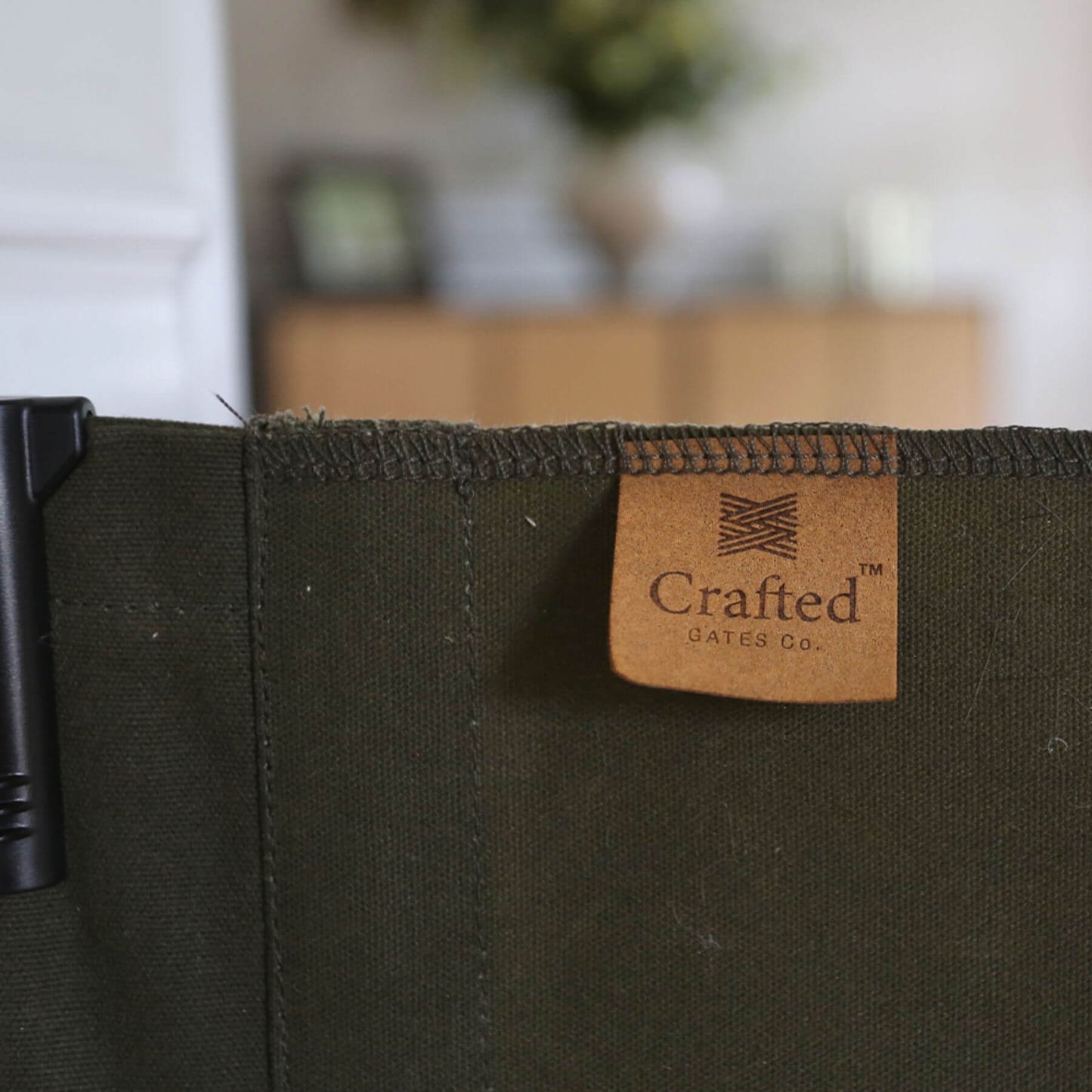 Close-up of Crafted Gates Co. Oil Waxed Canvas Pet Safety Gate