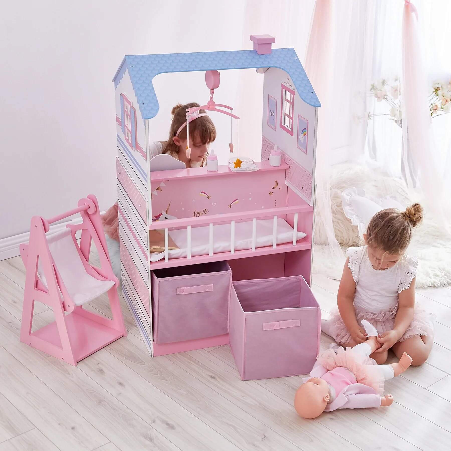 Girls Playing Olivia's Little World Baby Doll Changing Station Dollhouse Pink