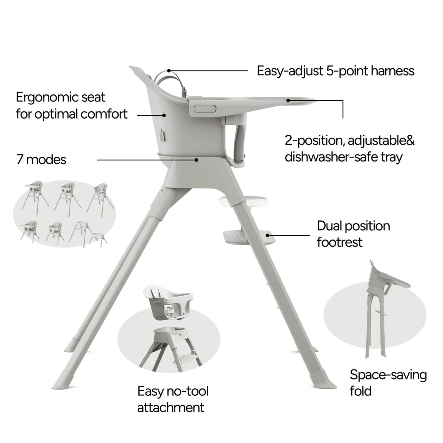 Mompush Olli High Chair - Gray wit features