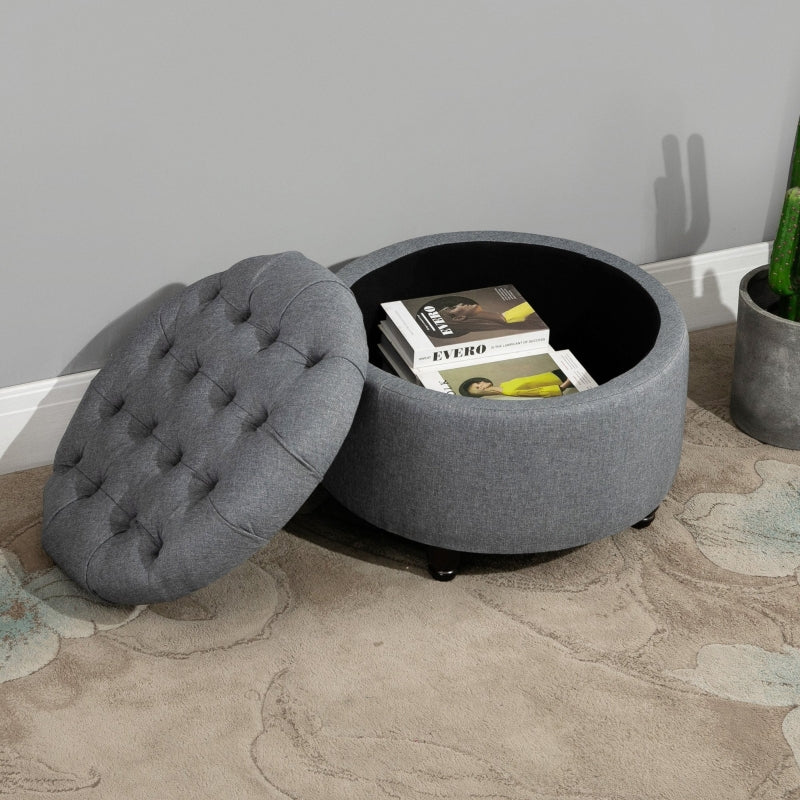 HOMCOM Round Grey Storage Stool | Button Tufted | Nursery & Multi-Use