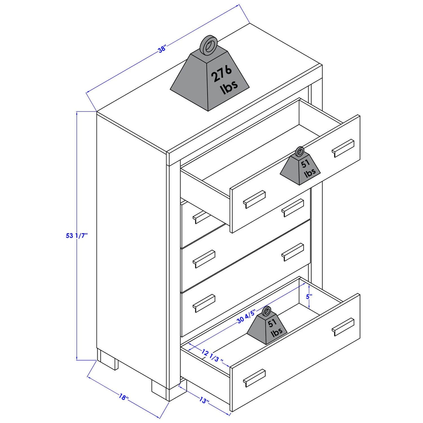 Orbelle 5 Drawer Chest White - Product DImensions
