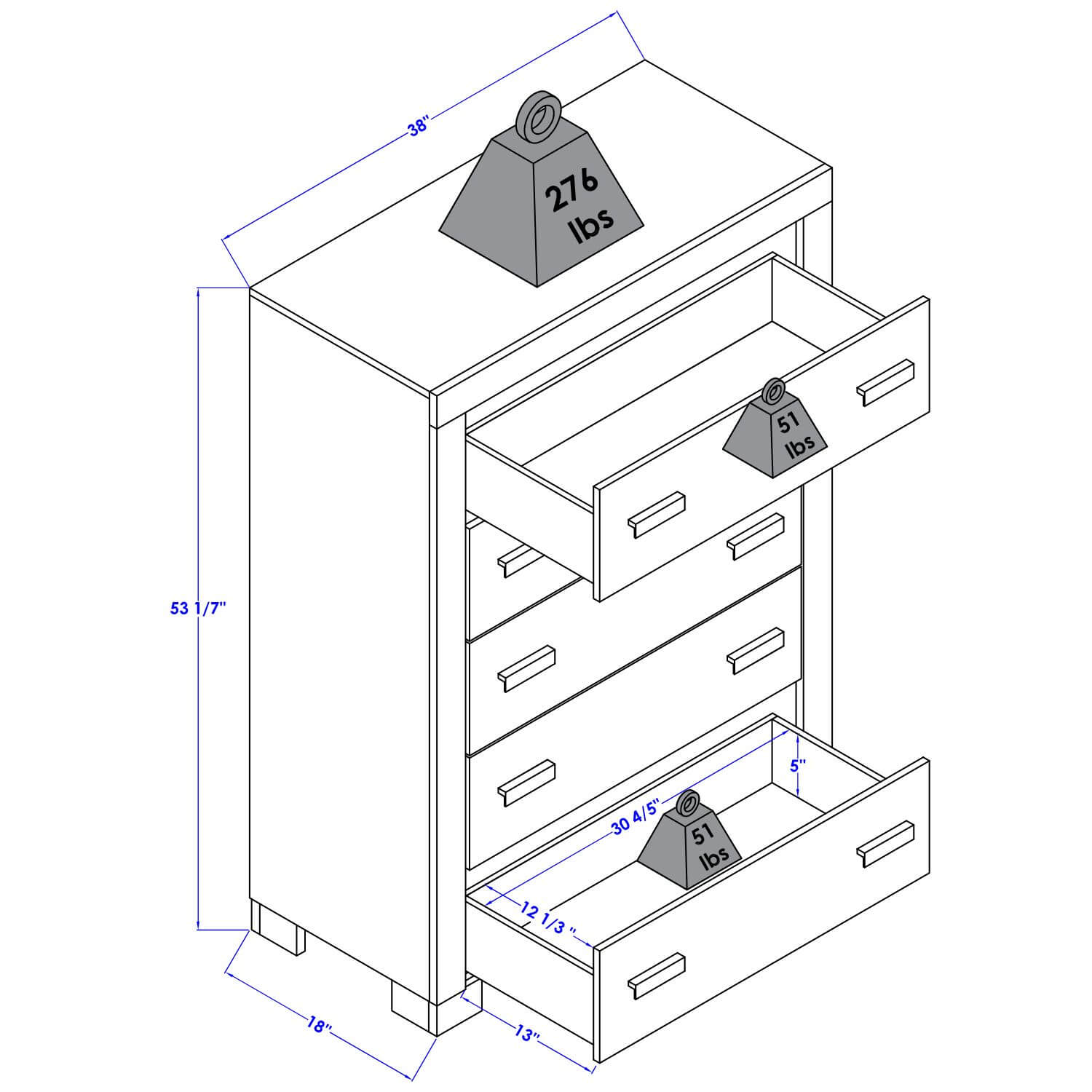 Orbelle 5 Drawer Chest White - Product DImensions