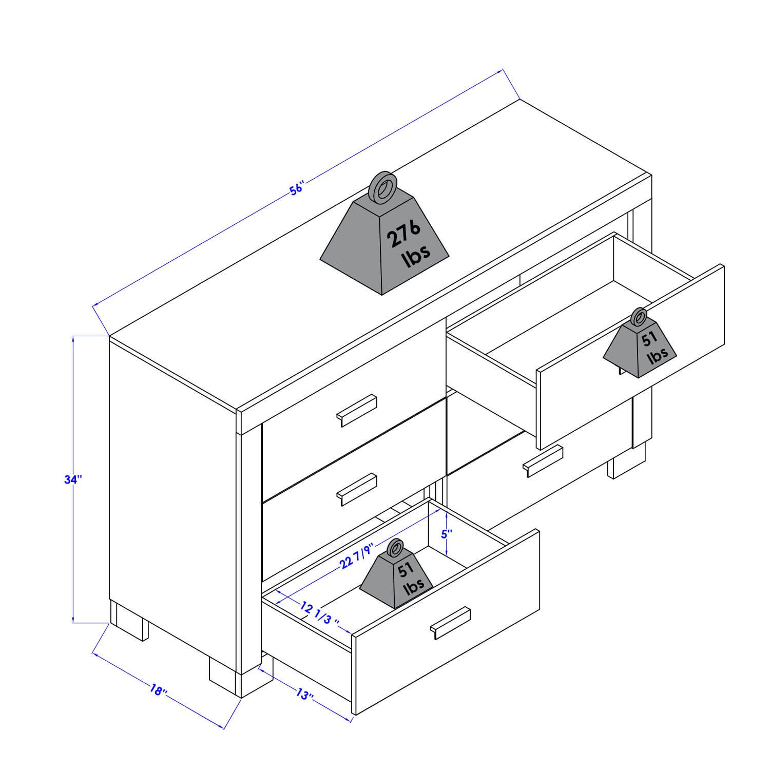Orbelle 6 Drawer Dresser White - Product Dimensions