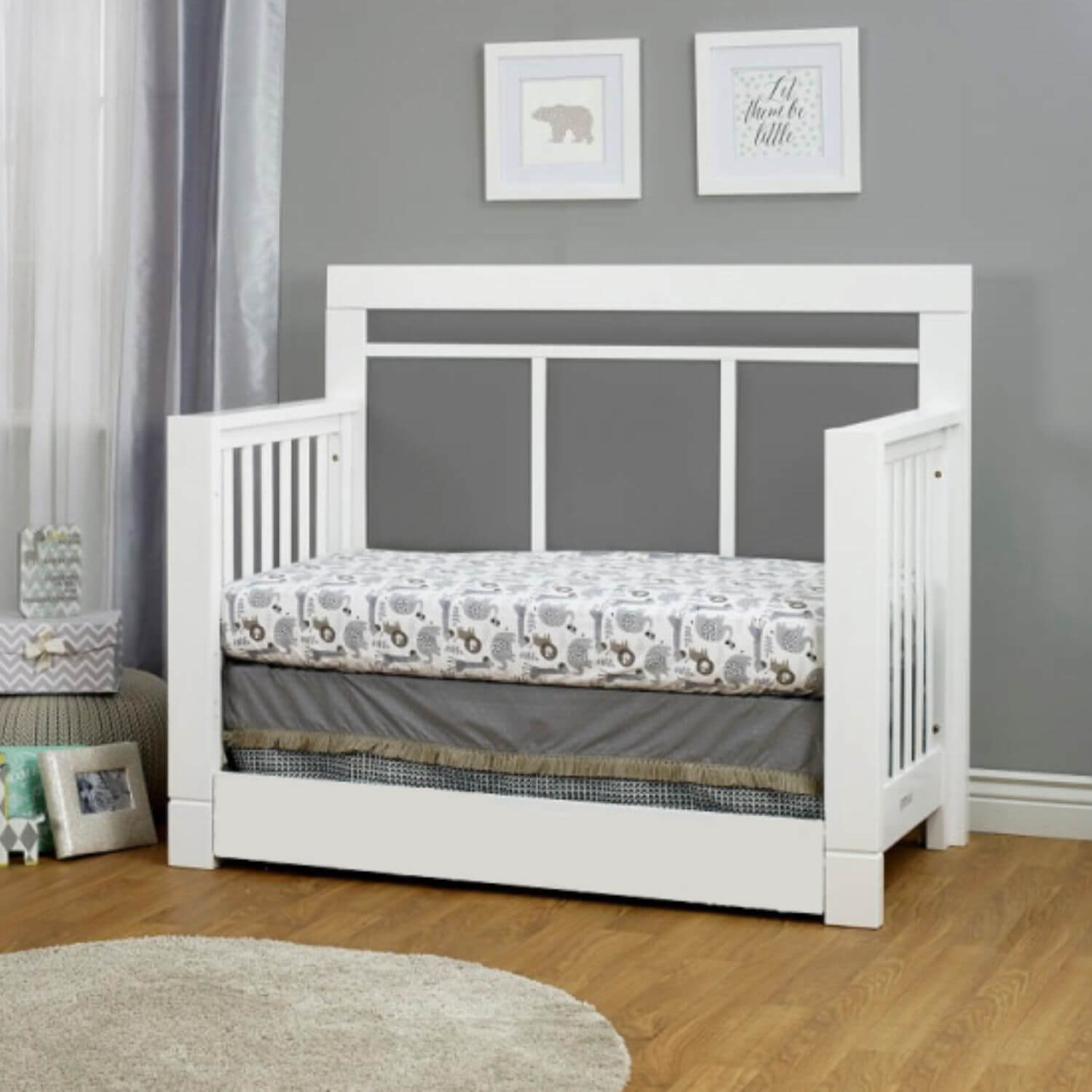 Orbelle Crystal Convertible crib with Trundle White with Gray Padding - Lifestyle