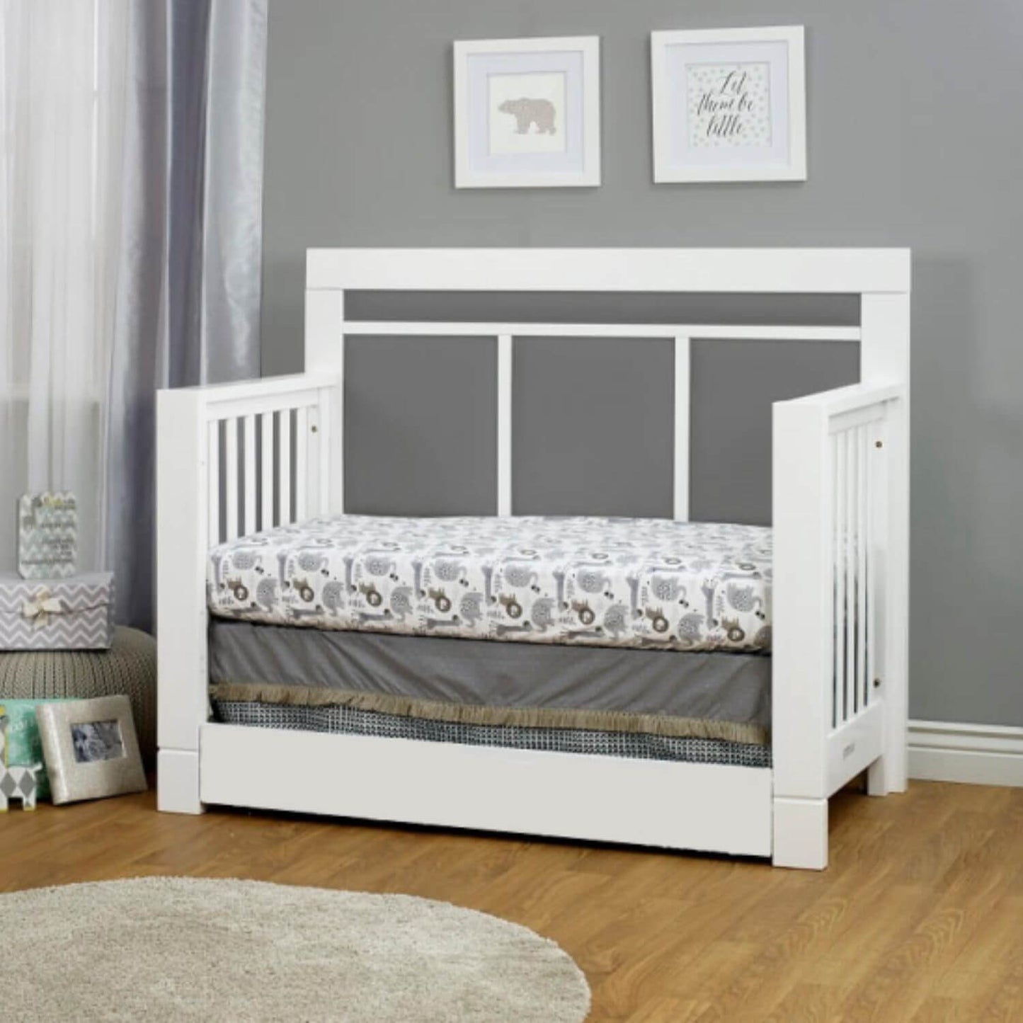 Orbelle Crystal Convertible crib with Trundle White with Gray Padding - Lifestyle