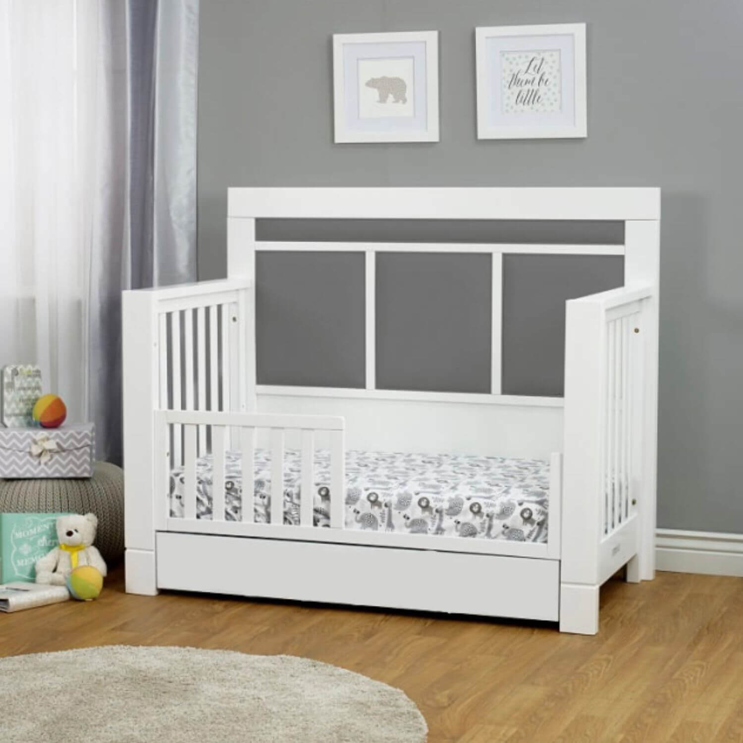 Orbelle Crystal Convertible crib with Trundle White with Gray Padding - Lifestyle