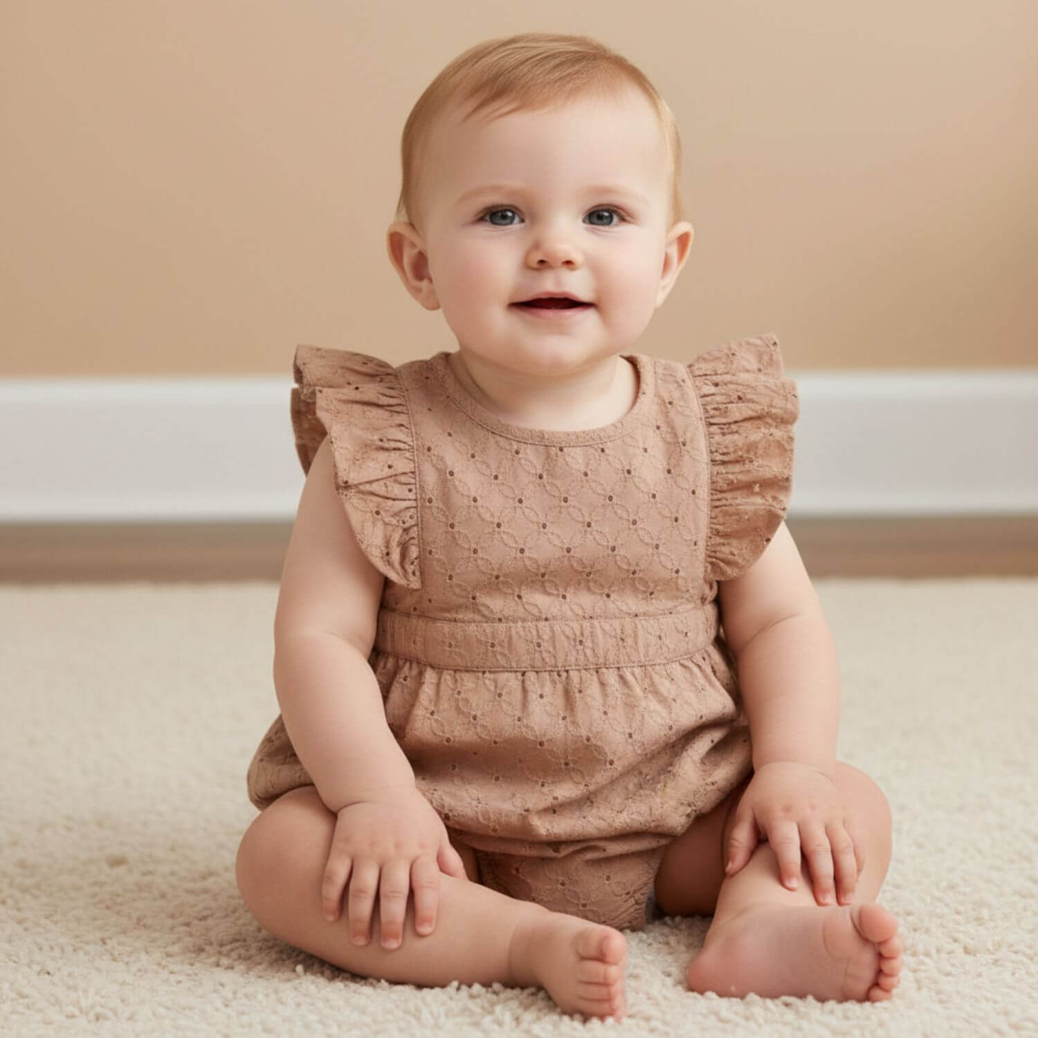 Baby sitting on a carpet wearing Makemake Organics Organic Eyelet Flutter Romper - Clay Eyelet