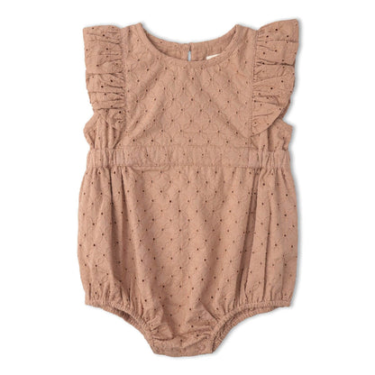 Makemake Organics Organic Eyelet Flutter Romper - Clay Eyelet