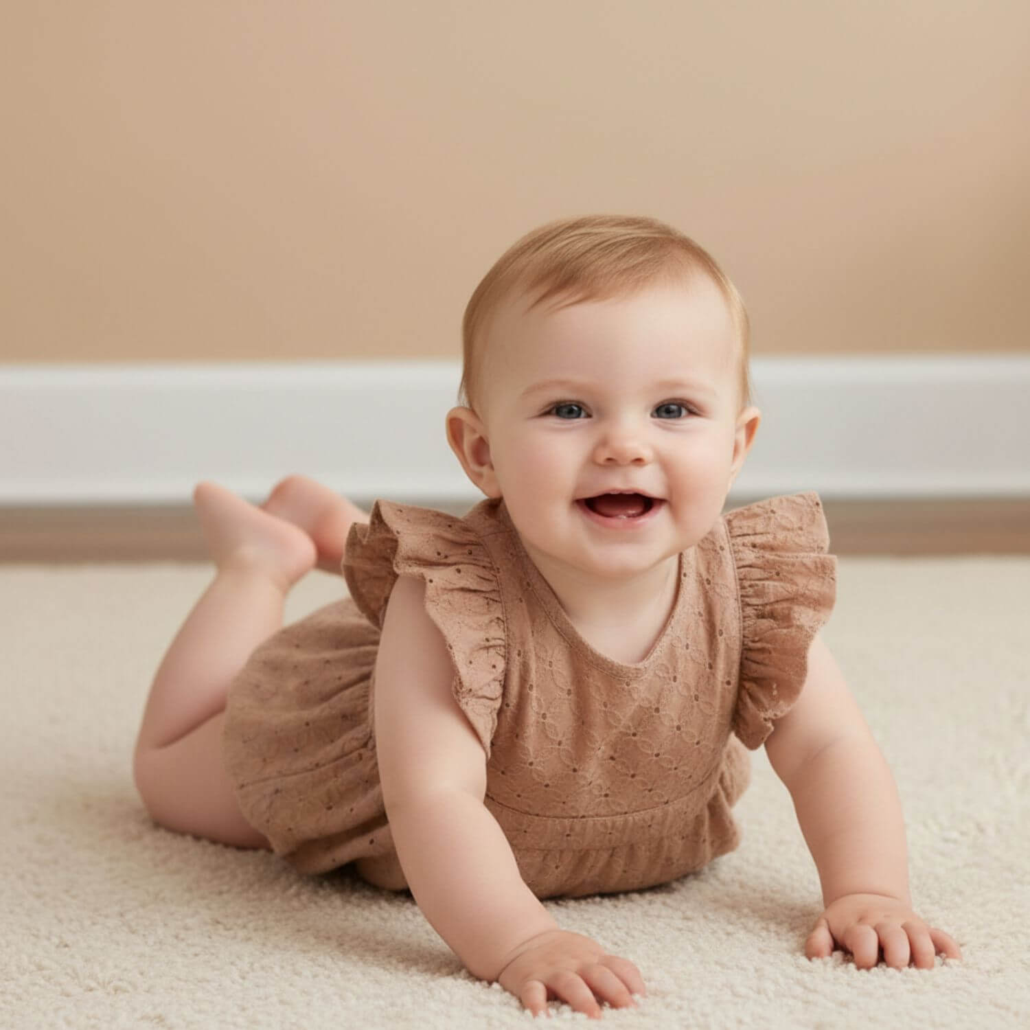 Baby in Makemake Organics Organic Eyelet Flutter Romper - Clay Eyelet lying on a beige carpet