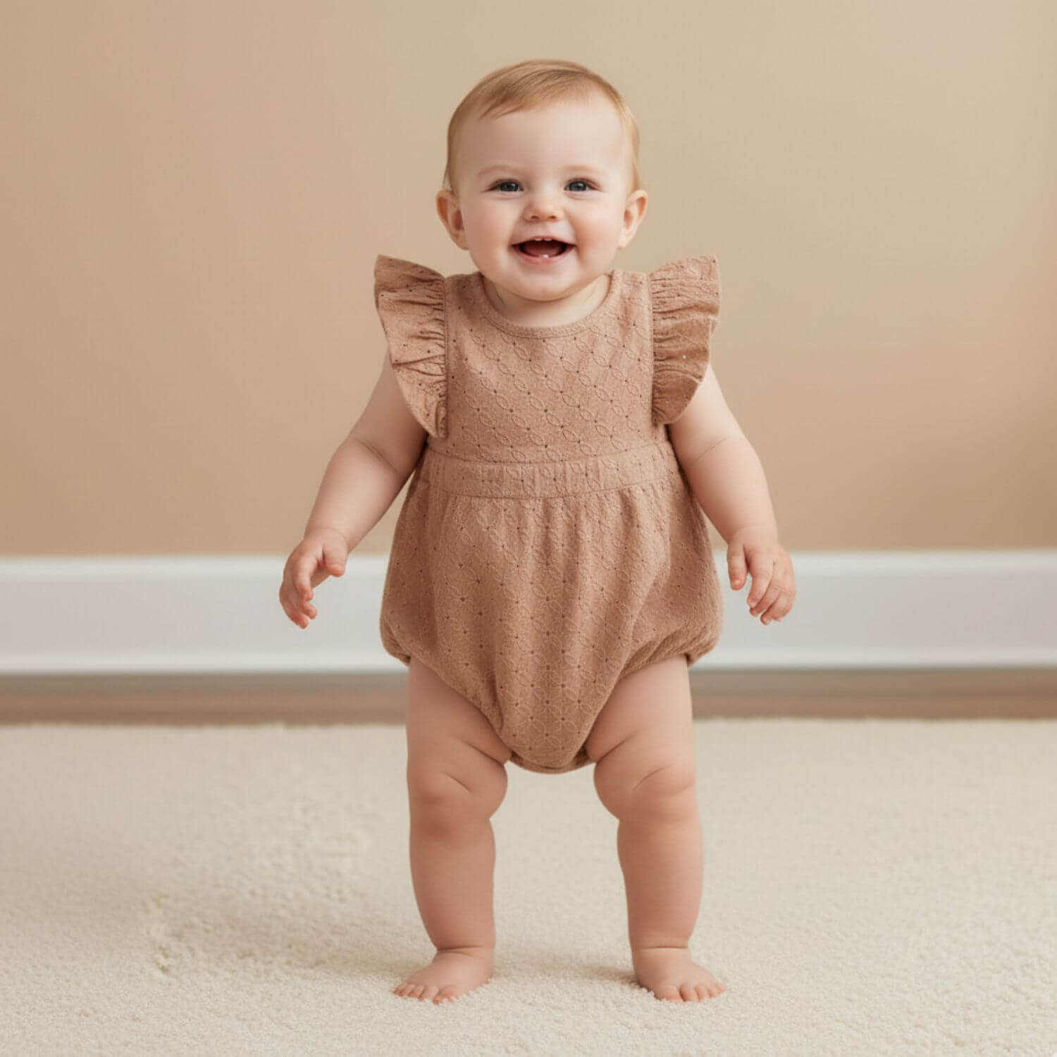 Baby in Makemake Organics Organic Eyelet Flutter Romper - Clay Eyelet standing on a beige carpet with a beige wall background