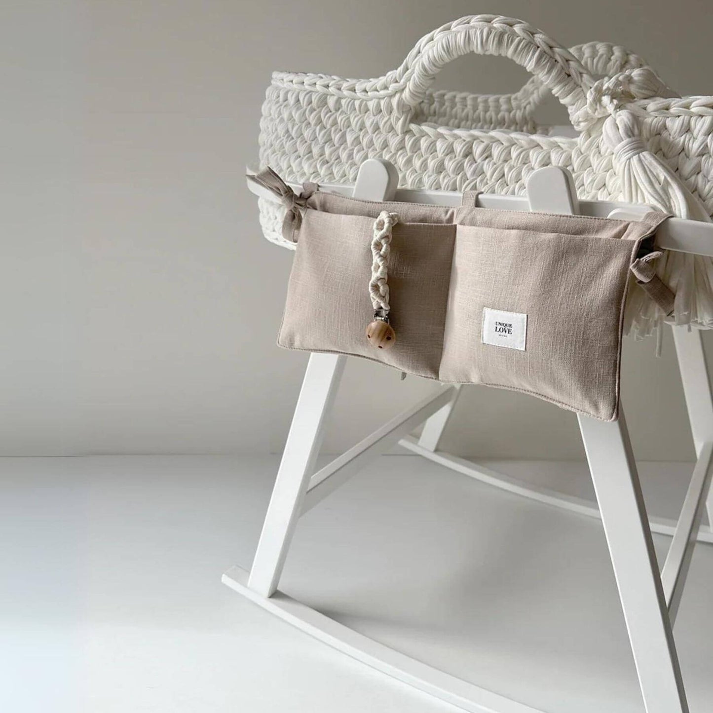 Unique Love Design Organizer for Baby Basket Warm Beige Attached to Cradle